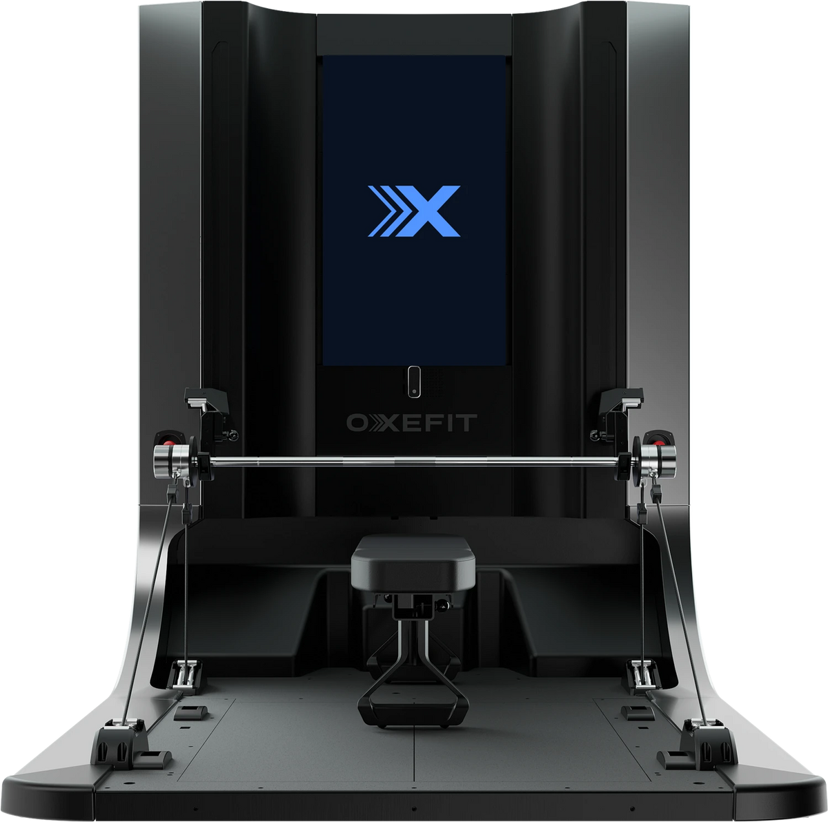 OxeFit XP1 commercial smart gym with 43-inch touchscreen and dual force plates