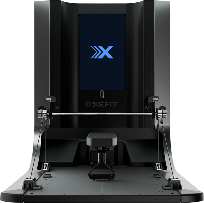 OxeFit XP1 commercial smart gym with 43-inch touchscreen and dual force plates