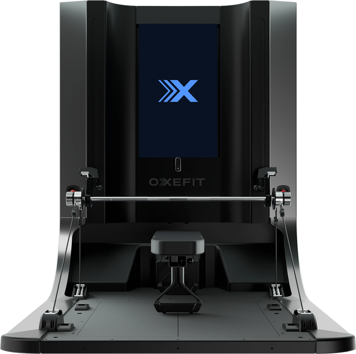 OxeFit XP1 commercial smart gym with 43-inch touchscreen and dual force plates