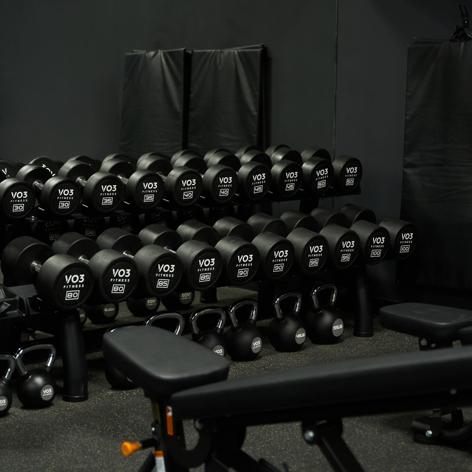VO3 rubber dumbbells on the rack